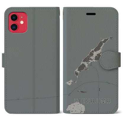 【伊平屋島（沖縄県）】地図柄iPhoneケース（手帳タイプ）モノトーン・iPhone 11 用