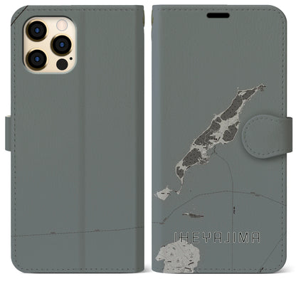 【伊平屋島（沖縄県）】地図柄iPhoneケース（手帳タイプ）モノトーン・iPhone 12 Pro Max 用