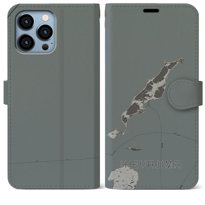 【伊平屋島（沖縄県）】地図柄iPhoneケース（手帳タイプ）モノトーン・iPhone 13 Pro Max 用
