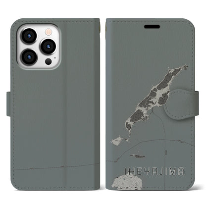【伊平屋島（沖縄県）】地図柄iPhoneケース（手帳タイプ）モノトーン・iPhone 13 Pro 用