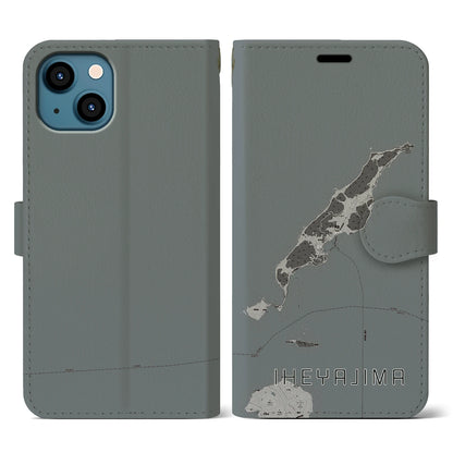 【伊平屋島（沖縄県）】地図柄iPhoneケース（手帳タイプ）モノトーン・iPhone 13 用
