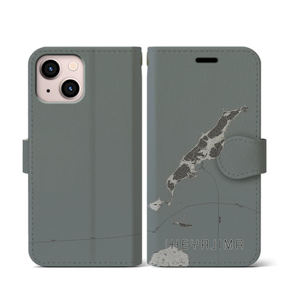 【伊平屋島（沖縄県）】地図柄iPhoneケース（手帳タイプ）モノトーン・iPhone 13 mini 用