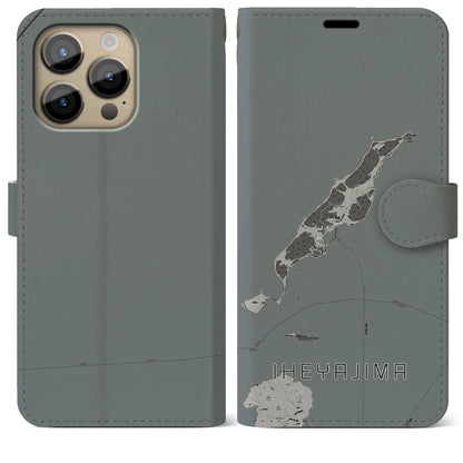 【伊平屋島（沖縄県）】地図柄iPhoneケース（手帳タイプ）モノトーン・iPhone 14 Pro Max 用