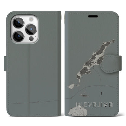 【伊平屋島（沖縄県）】地図柄iPhoneケース（手帳タイプ）モノトーン・iPhone 14 Pro 用