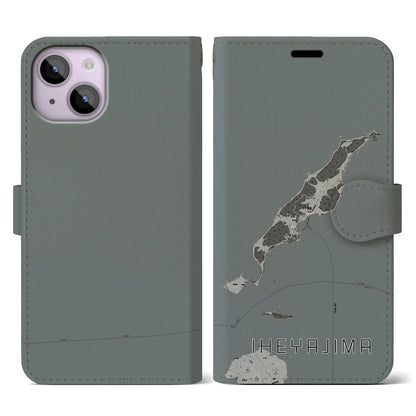 【伊平屋島（沖縄県）】地図柄iPhoneケース（手帳タイプ）モノトーン・iPhone 14 用