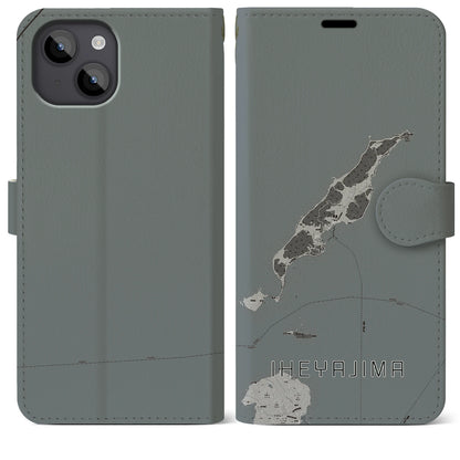 【伊平屋島（沖縄県）】地図柄iPhoneケース（手帳タイプ）モノトーン・iPhone 14 Plus 用