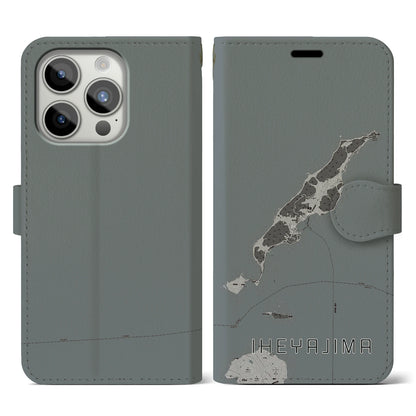 【伊平屋島（沖縄県）】地図柄iPhoneケース（手帳タイプ）モノトーン・iPhone 15 Pro 用