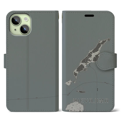 【伊平屋島（沖縄県）】地図柄iPhoneケース（手帳タイプ）モノトーン・iPhone 15 用