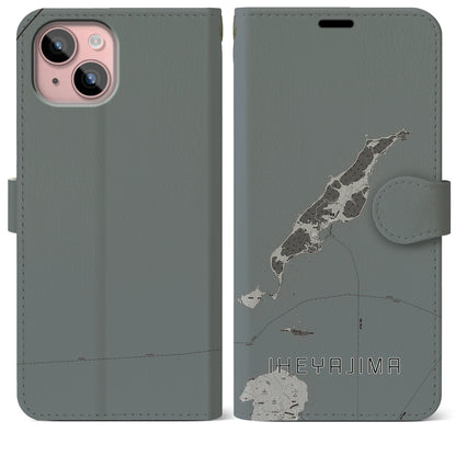 【伊平屋島（沖縄県）】地図柄iPhoneケース（手帳タイプ）モノトーン・iPhone 15 Plus 用