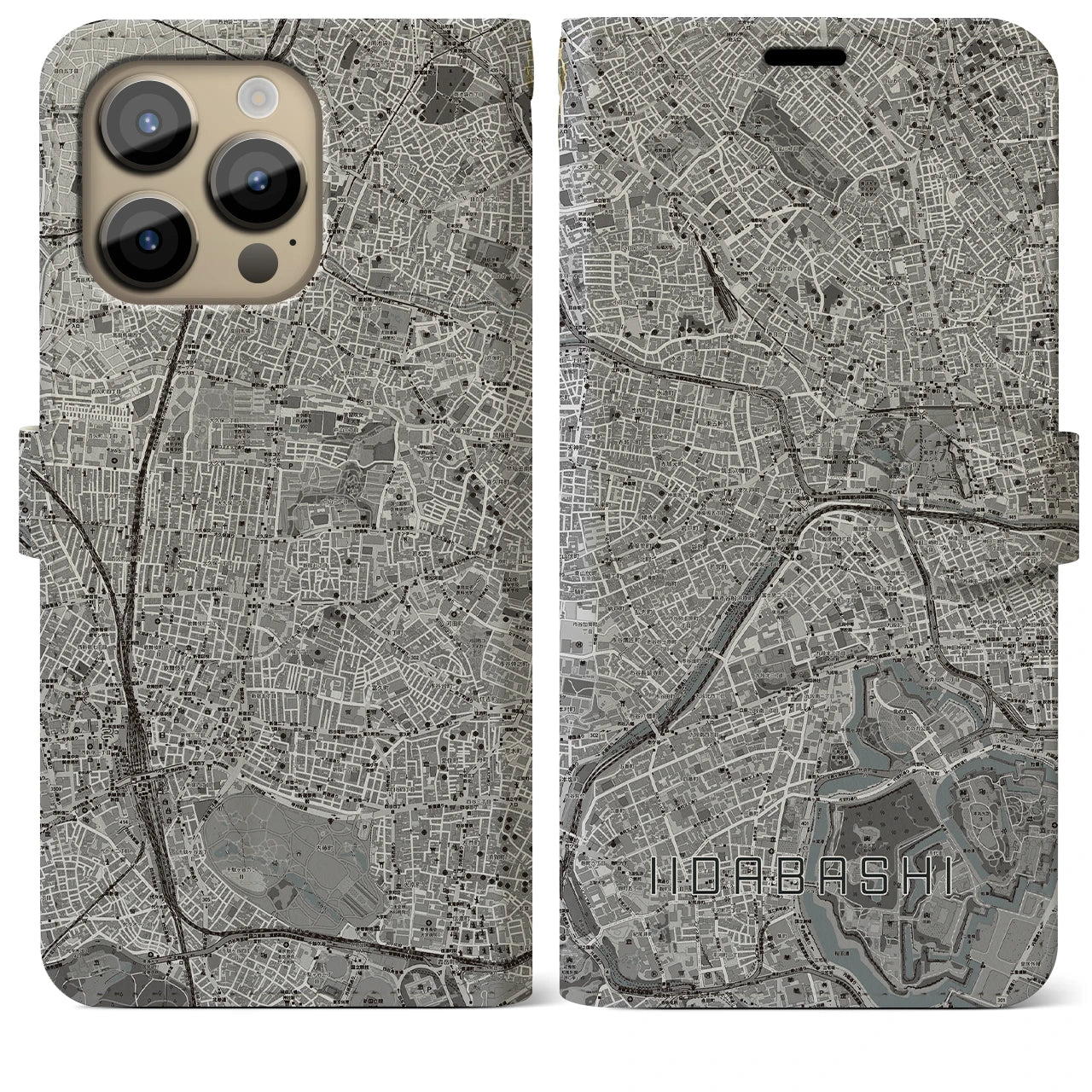 【飯田橋】地図柄iPhoneケース（手帳両面タイプ・モノトーン）iPhone 14 Pro Max 用