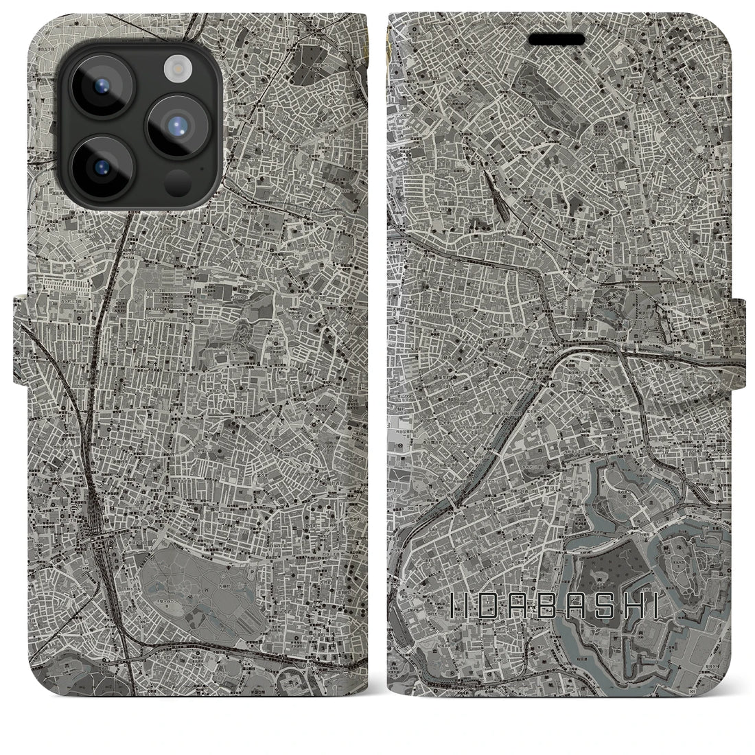 【飯田橋】地図柄iPhoneケース（手帳両面タイプ・モノトーン）iPhone 15 Pro Max 用
