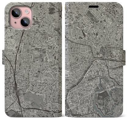 【飯田橋（東京都）】地図柄iPhoneケース（手帳タイプ）モノトーン・iPhone 15 Plus 用