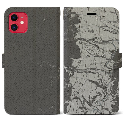 【飯島（長野県）】地図柄iPhoneケース（手帳タイプ）モノトーン・iPhone 11 用
