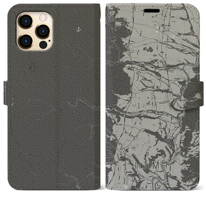 【飯島（長野県）】地図柄iPhoneケース（手帳タイプ）モノトーン・iPhone 12 Pro Max 用