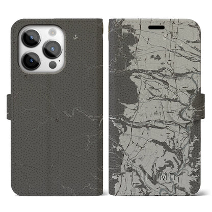 【飯島（長野県）】地図柄iPhoneケース（手帳タイプ）モノトーン・iPhone 14 Pro 用