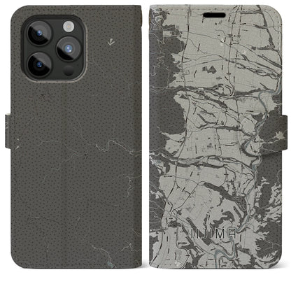 【飯島（長野県）】地図柄iPhoneケース（手帳タイプ）モノトーン・iPhone 15 Pro Max 用