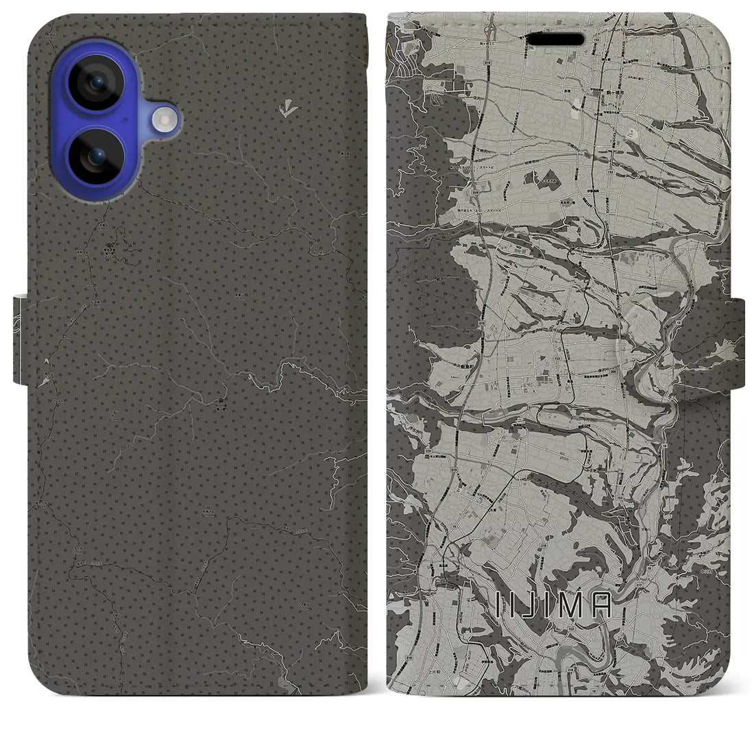 【飯島(長野県)】地図柄iPhoneケース(手帳タイプ)モノトーン・iPhone 16 Pro Max 用