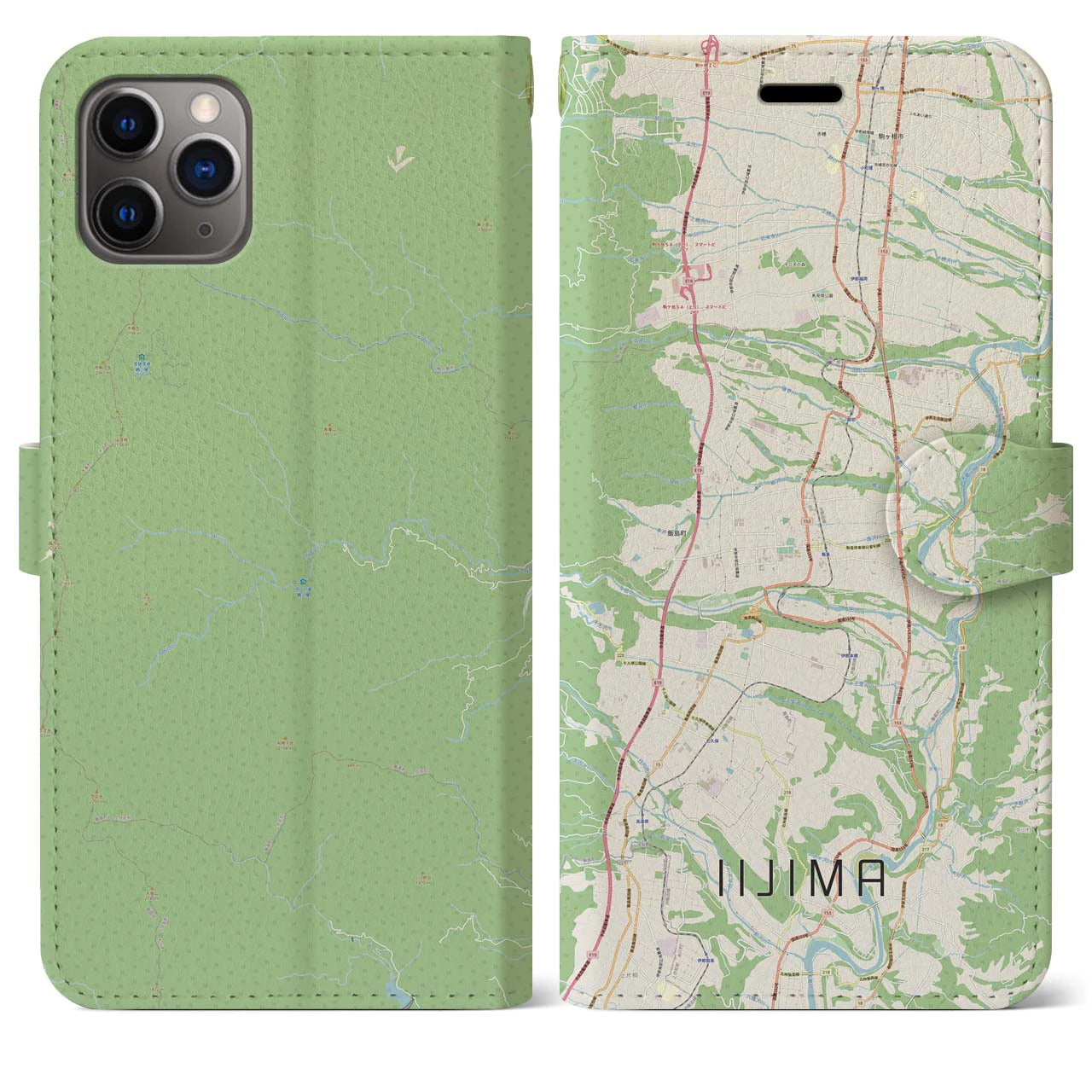 【飯島（長野県）】地図柄iPhoneケース（手帳タイプ）ナチュラル・iPhone 11 Pro Max 用