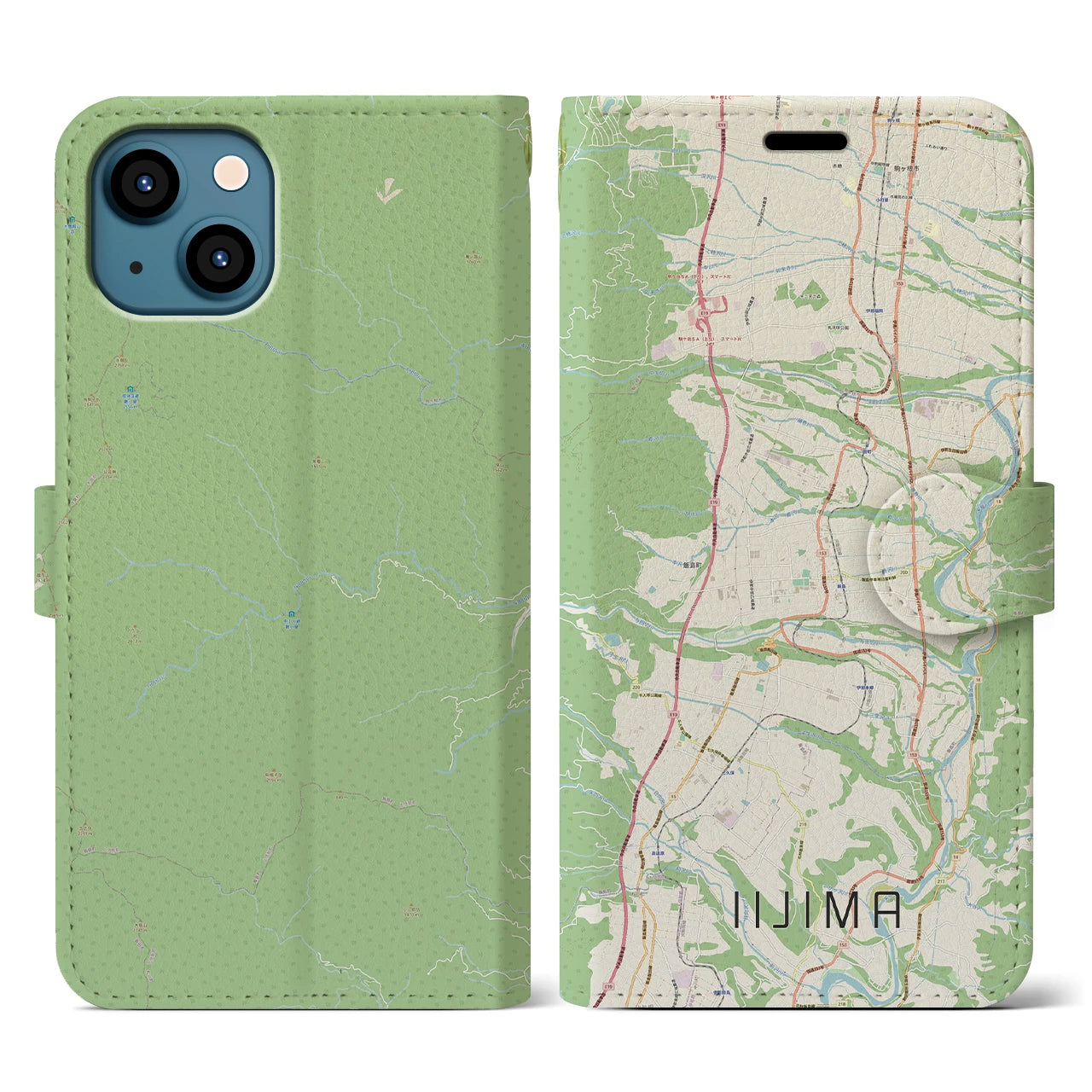 【飯島（長野県）】地図柄iPhoneケース（手帳タイプ）ナチュラル・iPhone 13 用