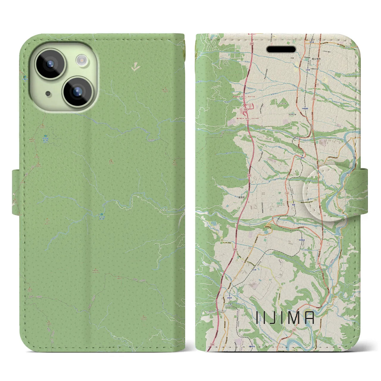 【飯島（長野県）】地図柄iPhoneケース（手帳タイプ）ナチュラル・iPhone 15 用