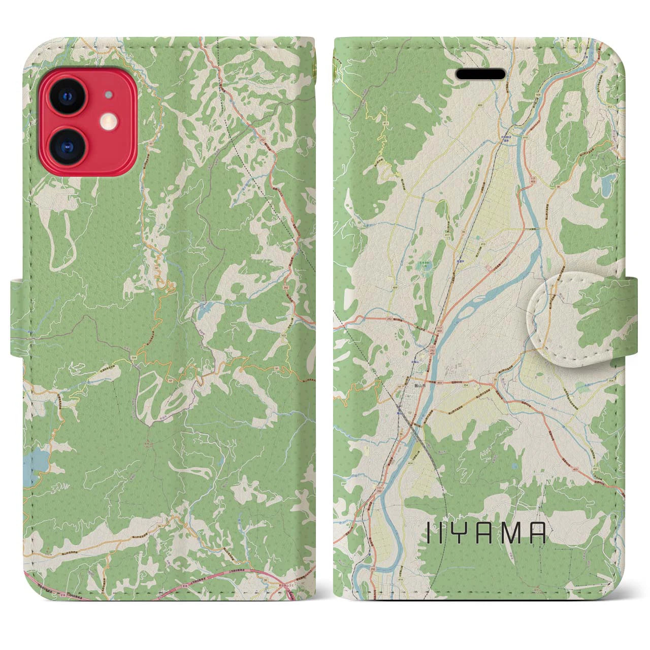 【飯山（長野県）】地図柄iPhoneケース（手帳タイプ）ナチュラル・iPhone 11 用