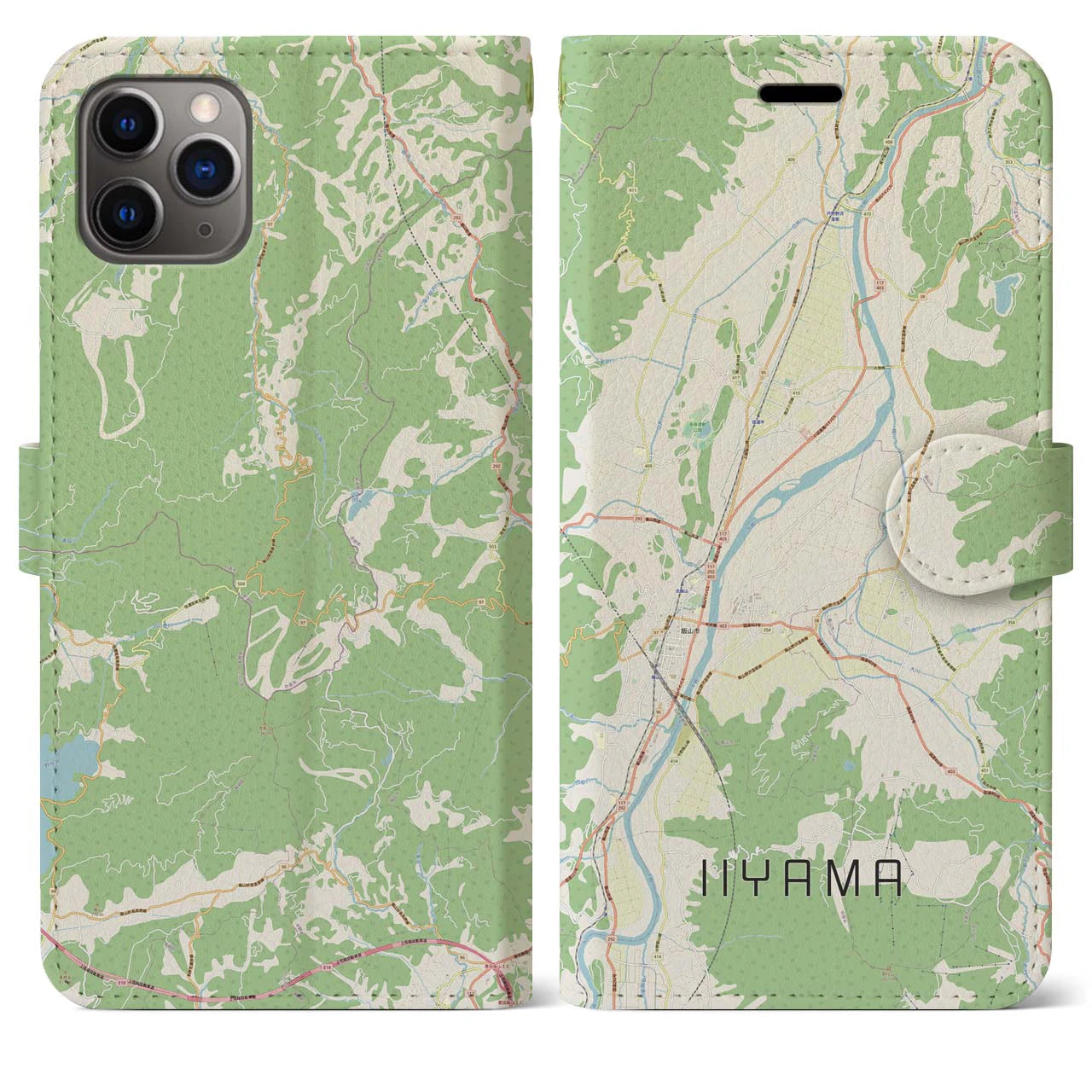 【飯山（長野県）】地図柄iPhoneケース（手帳タイプ）ナチュラル・iPhone 11 Pro Max 用