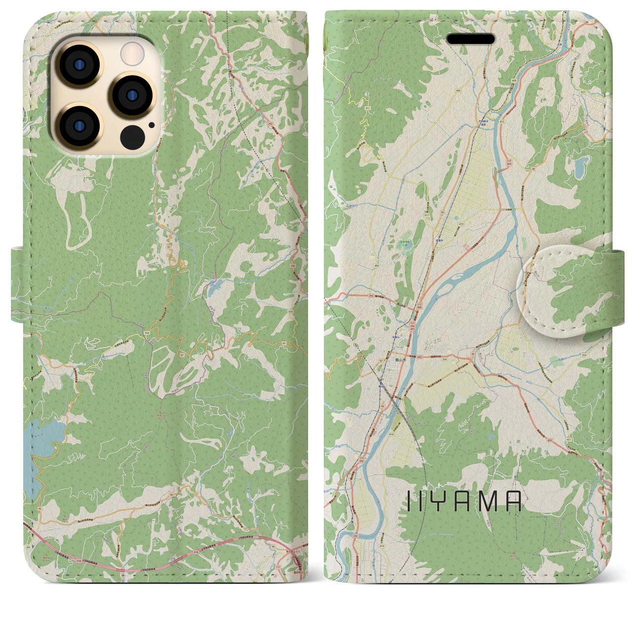 【飯山（長野県）】地図柄iPhoneケース（手帳タイプ）ナチュラル・iPhone 12 Pro Max 用