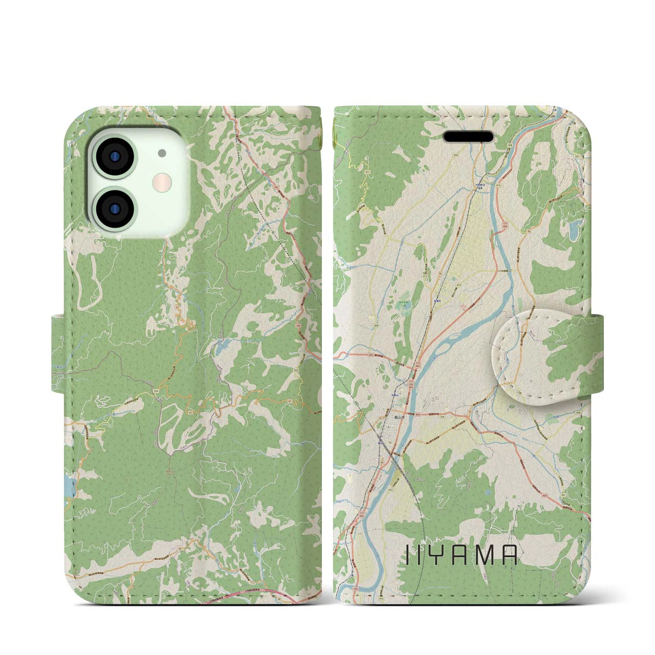 【飯山（長野県）】地図柄iPhoneケース（手帳タイプ）ナチュラル・iPhone 12 mini 用