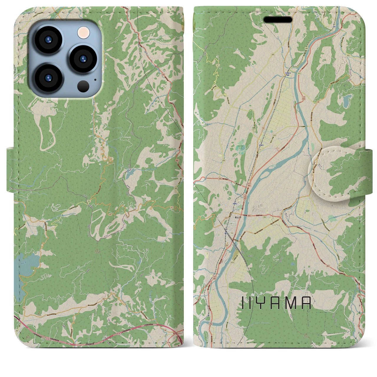 【飯山（長野県）】地図柄iPhoneケース（手帳タイプ）ナチュラル・iPhone 13 Pro Max 用