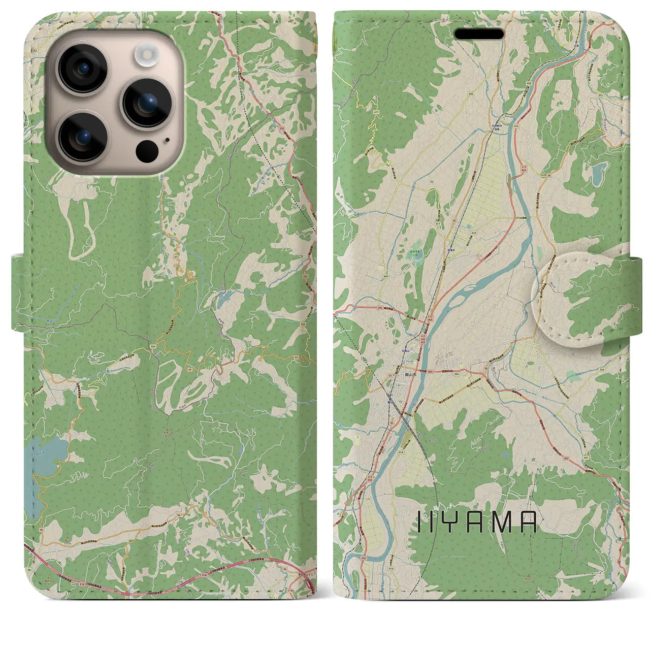 【飯山（長野県）】地図柄iPhoneケース（手帳タイプ）ナチュラル・iPhone 16 Plus 用