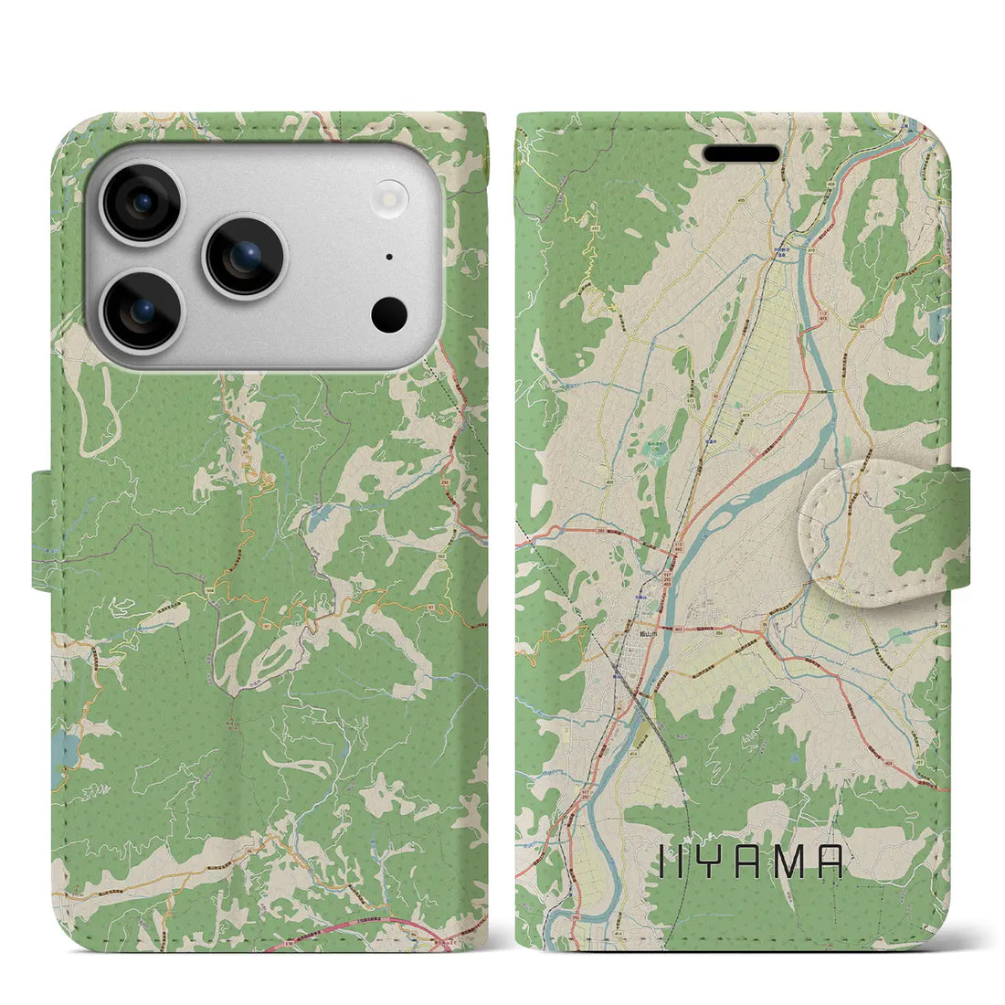 【飯山（長野県）】地図柄iPhoneケース（手帳タイプ）ナチュラル・iPhone 17 Pro Max 用