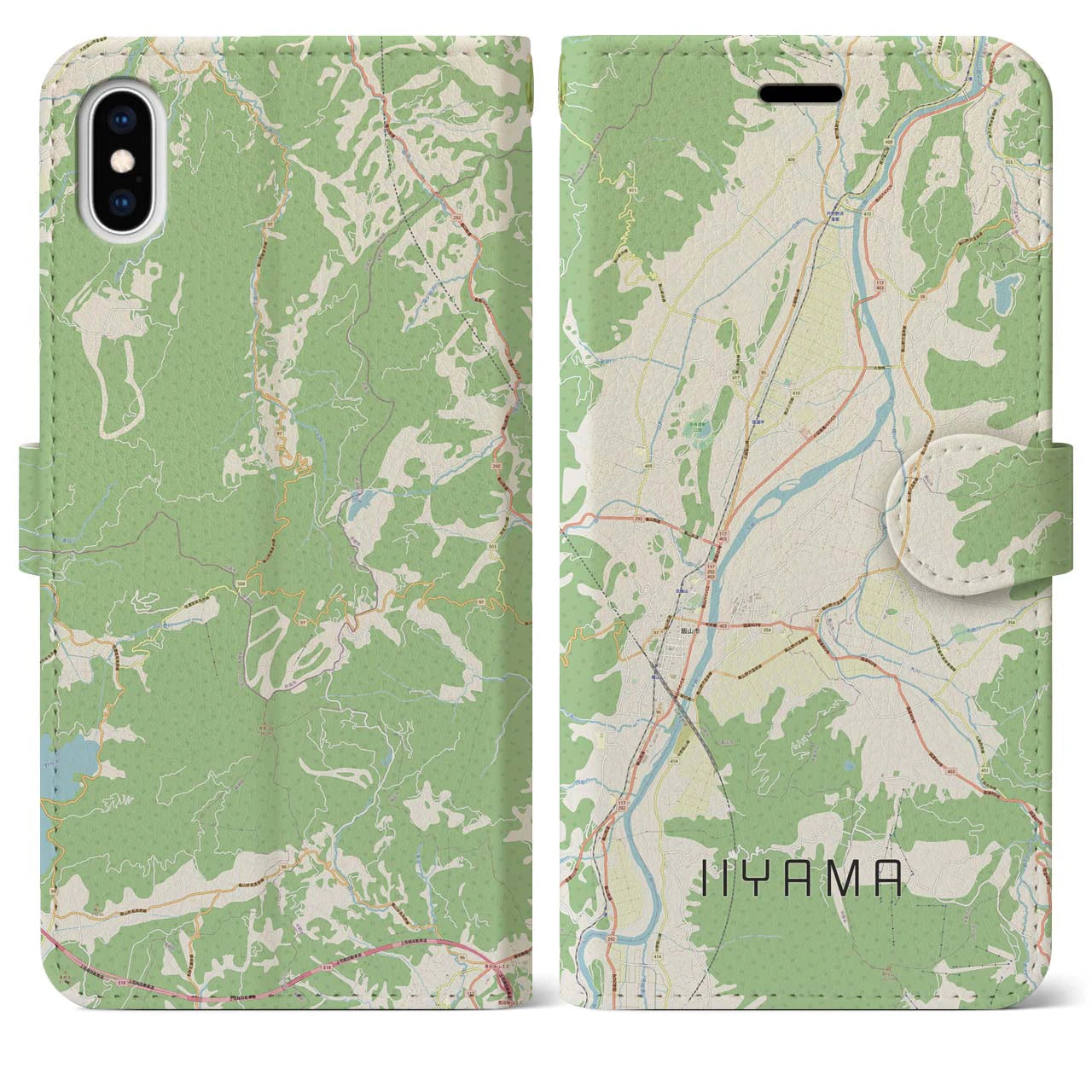 【飯山（長野県）】地図柄iPhoneケース（手帳タイプ）ナチュラル・iPhone XS Max 用