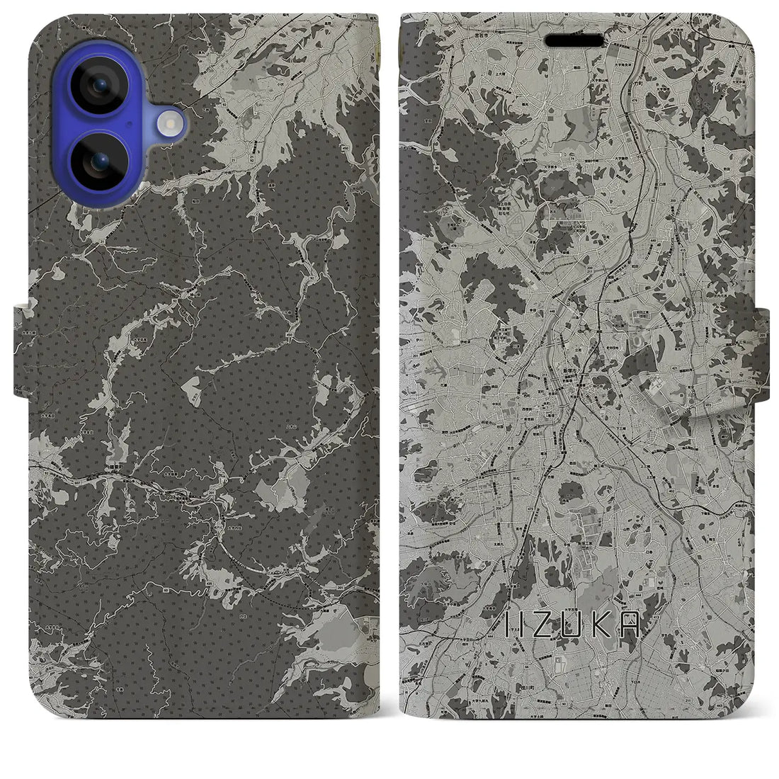 【飯塚(福岡県)】地図柄iPhoneケース(手帳タイプ)モノトーン・iPhone 16 Pro Max 用