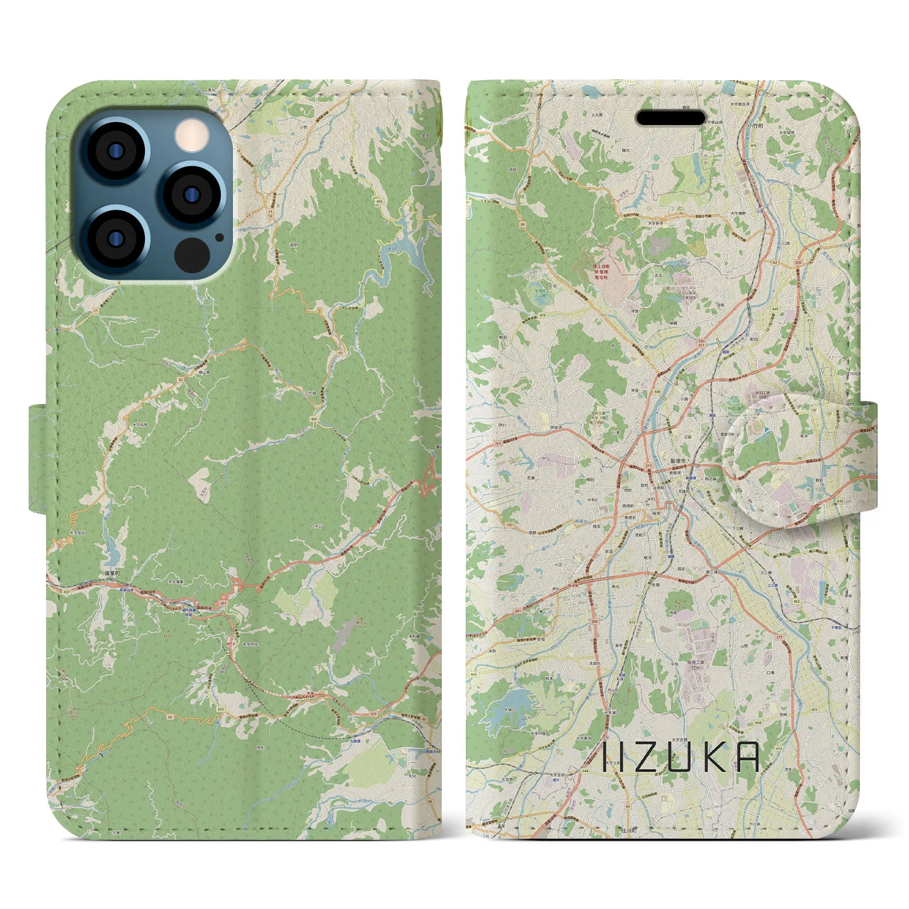 【飯塚（福岡県）】地図柄iPhoneケース（手帳タイプ）ナチュラル・iPhone 12 / 12 Pro 用