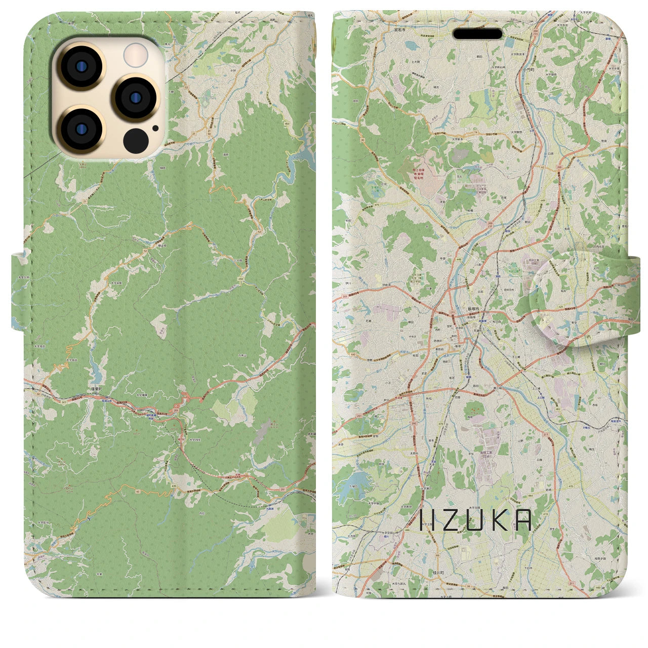 【飯塚（福岡県）】地図柄iPhoneケース（手帳タイプ）ナチュラル・iPhone 12 Pro Max 用