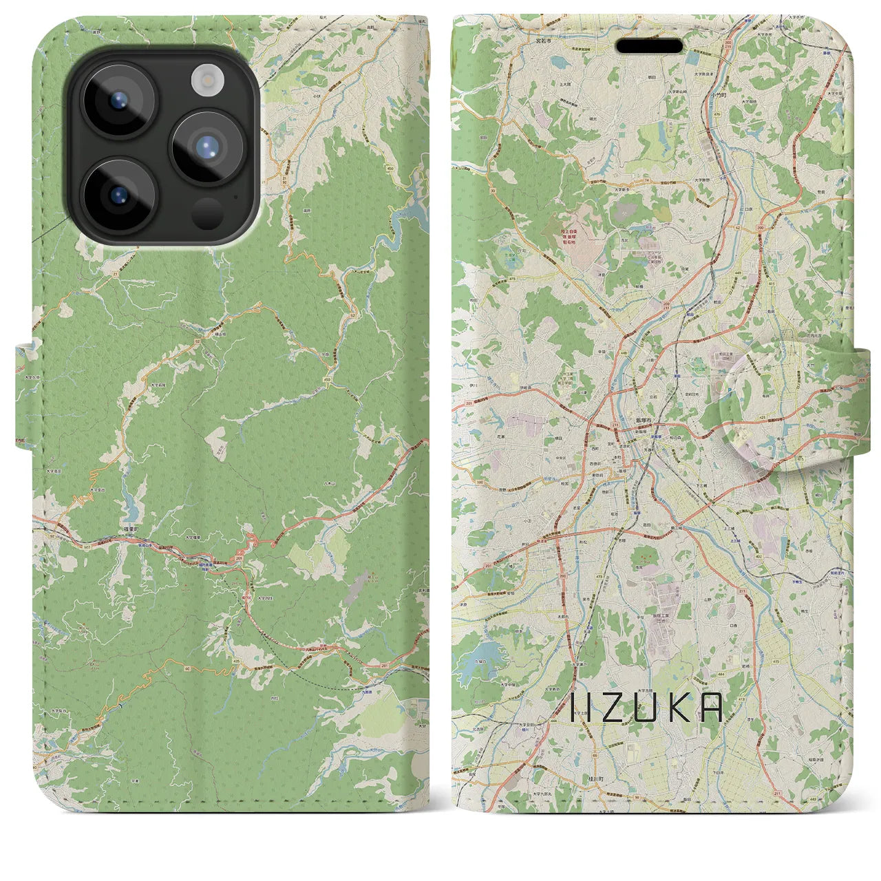 【飯塚（福岡県）】地図柄iPhoneケース（手帳タイプ）ナチュラル・iPhone 15 Pro Max 用