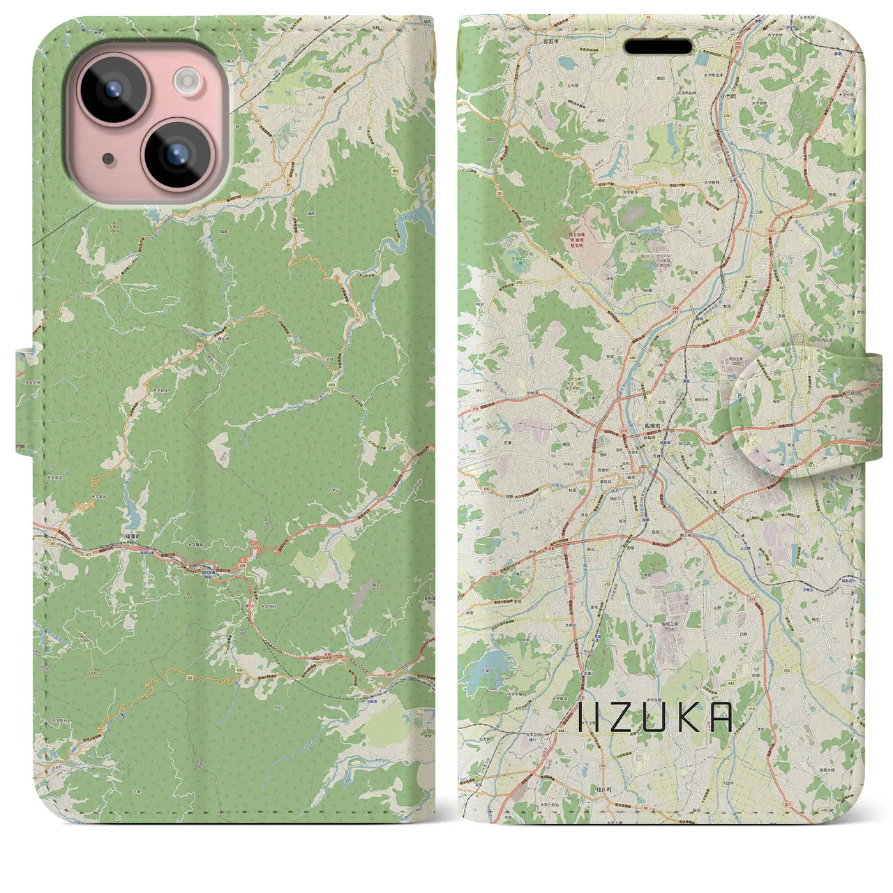 【飯塚（福岡県）】地図柄iPhoneケース（手帳タイプ）ナチュラル・iPhone 15 Plus 用