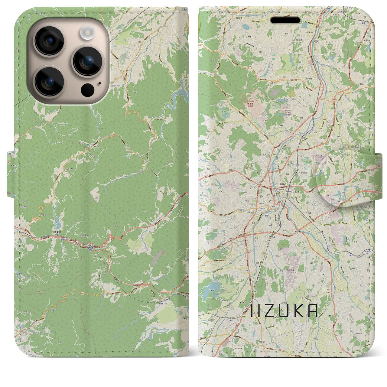 【飯塚（福岡県）】地図柄iPhoneケース（手帳タイプ）ナチュラル・iPhone 16 Plus 用