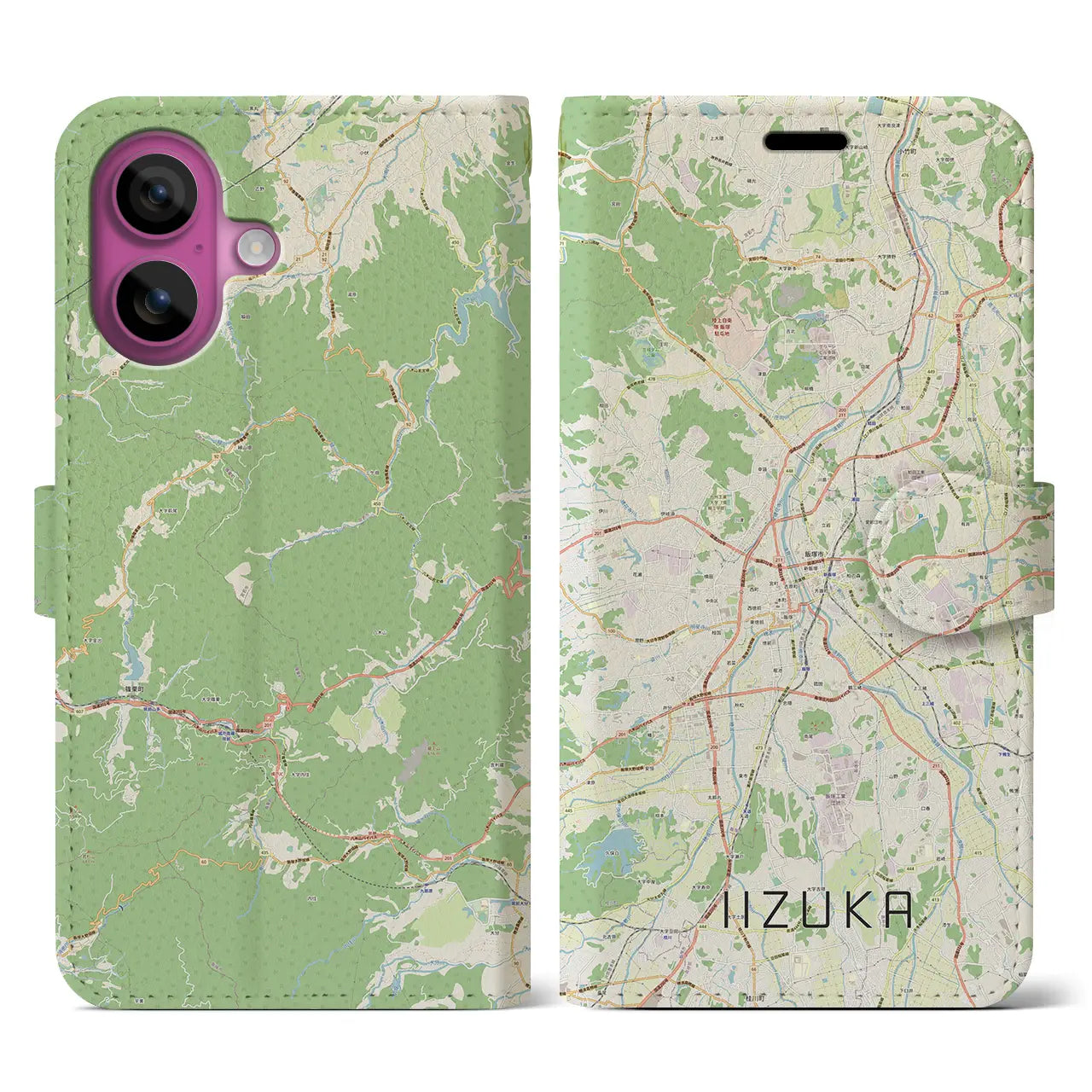 【飯塚（福岡県）】地図柄iPhoneケース（手帳タイプ）ナチュラル・iPhone 16 Pro 用