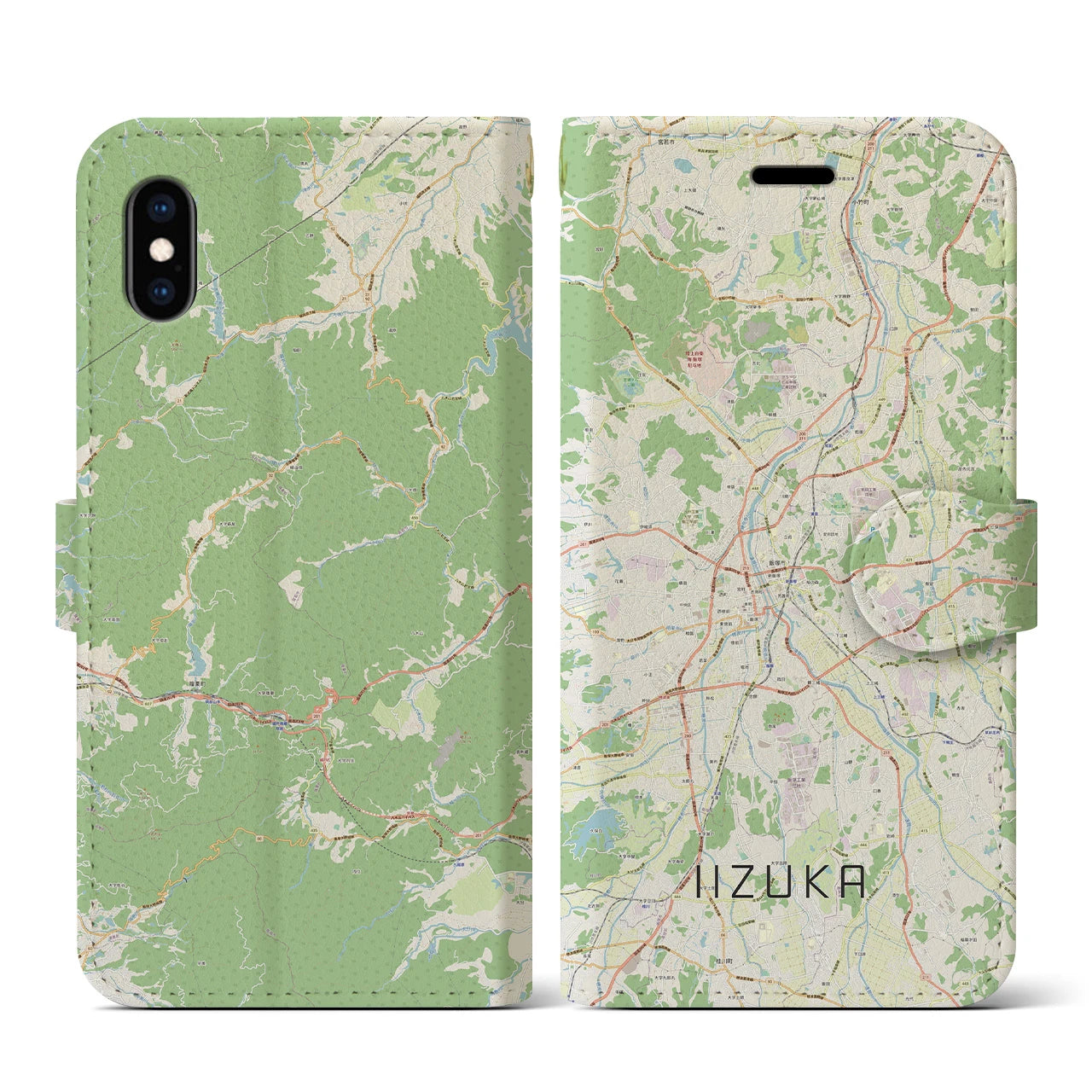 【飯塚（福岡県）】地図柄iPhoneケース（手帳タイプ）ナチュラル・iPhone XS / X 用