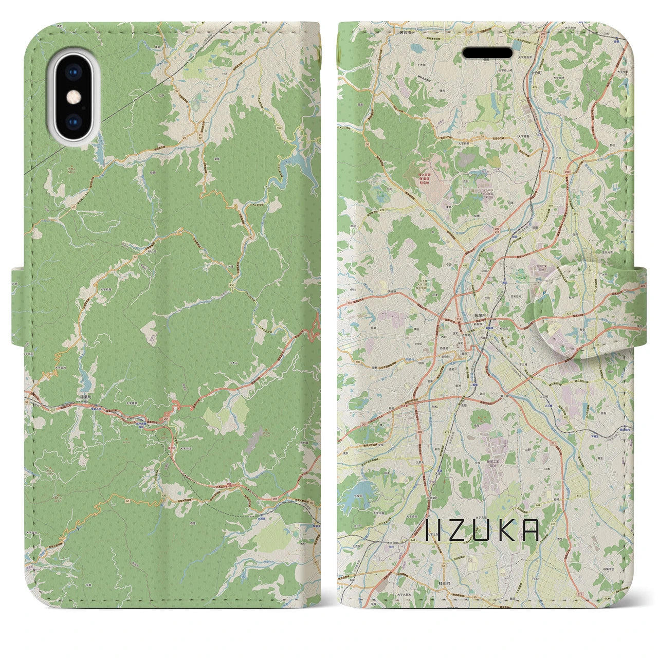 【飯塚（福岡県）】地図柄iPhoneケース（手帳タイプ）ナチュラル・iPhone XS Max 用