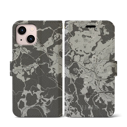 【伊集院（鹿児島県）】地図柄iPhoneケース（手帳タイプ）モノトーン・iPhone 13 mini 用