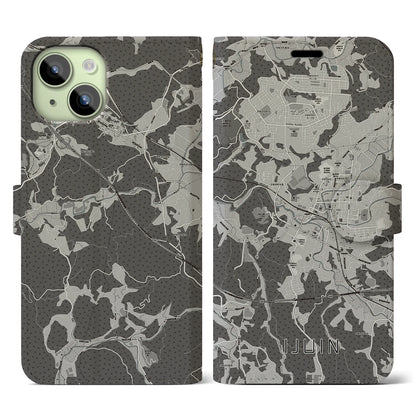 【伊集院（鹿児島県）】地図柄iPhoneケース（手帳タイプ）モノトーン・iPhone 15 用