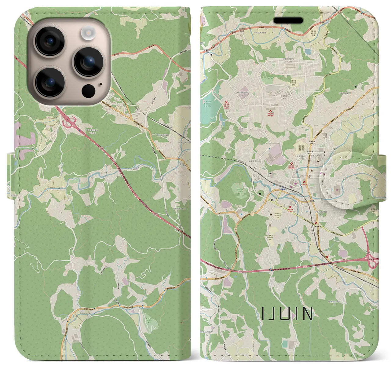 【伊集院（鹿児島県）】地図柄iPhoneケース（手帳タイプ）ナチュラル・iPhone 16 Plus 用