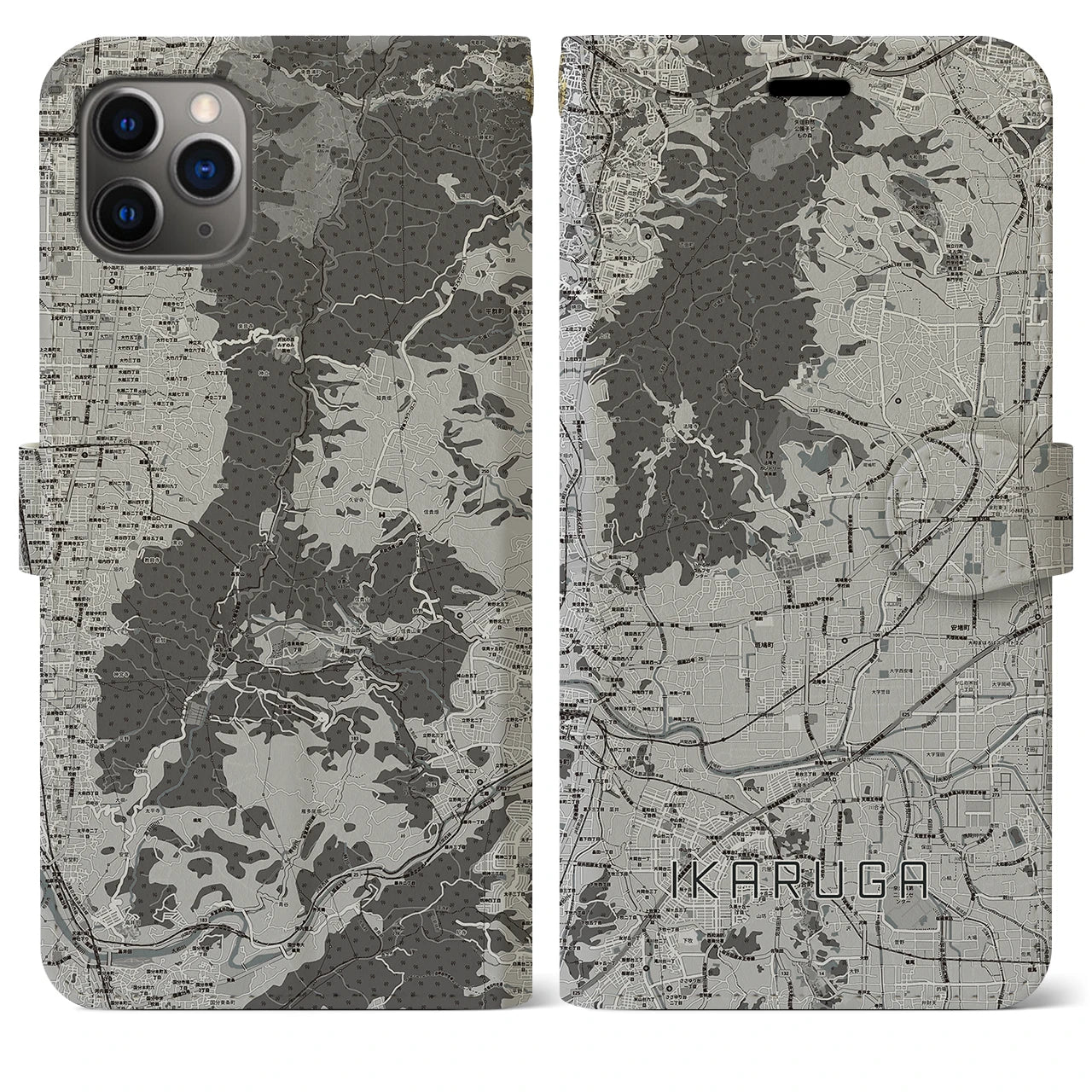 【斑鳩】地図柄iPhoneケース（手帳両面タイプ・モノトーン）iPhone 11 Pro Max 用
