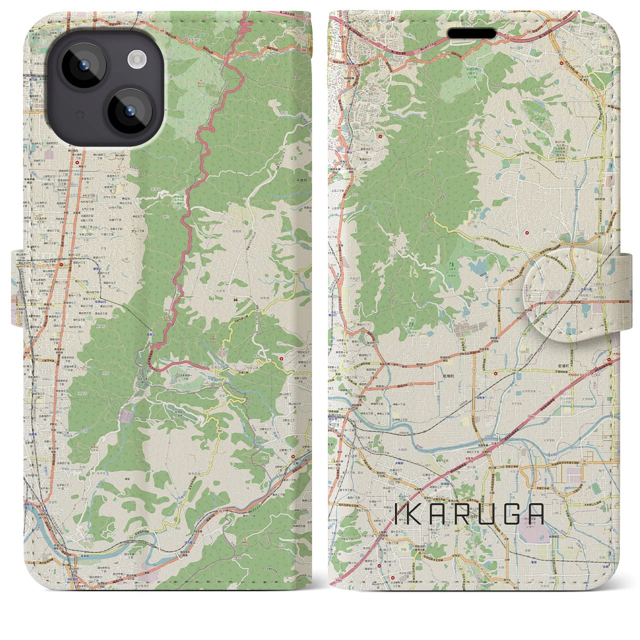 【斑鳩（奈良県）】地図柄iPhoneケース（手帳タイプ）ナチュラル・iPhone 14 Plus 用