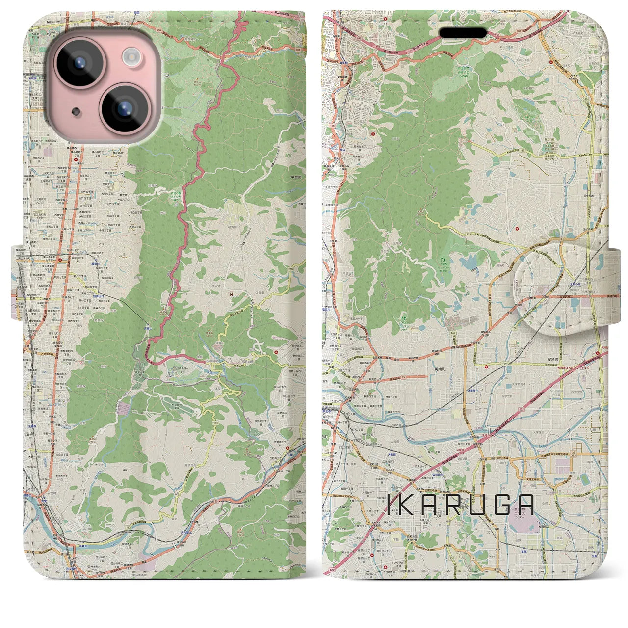 【斑鳩（奈良県）】地図柄iPhoneケース（手帳タイプ）ナチュラル・iPhone 15 Plus 用