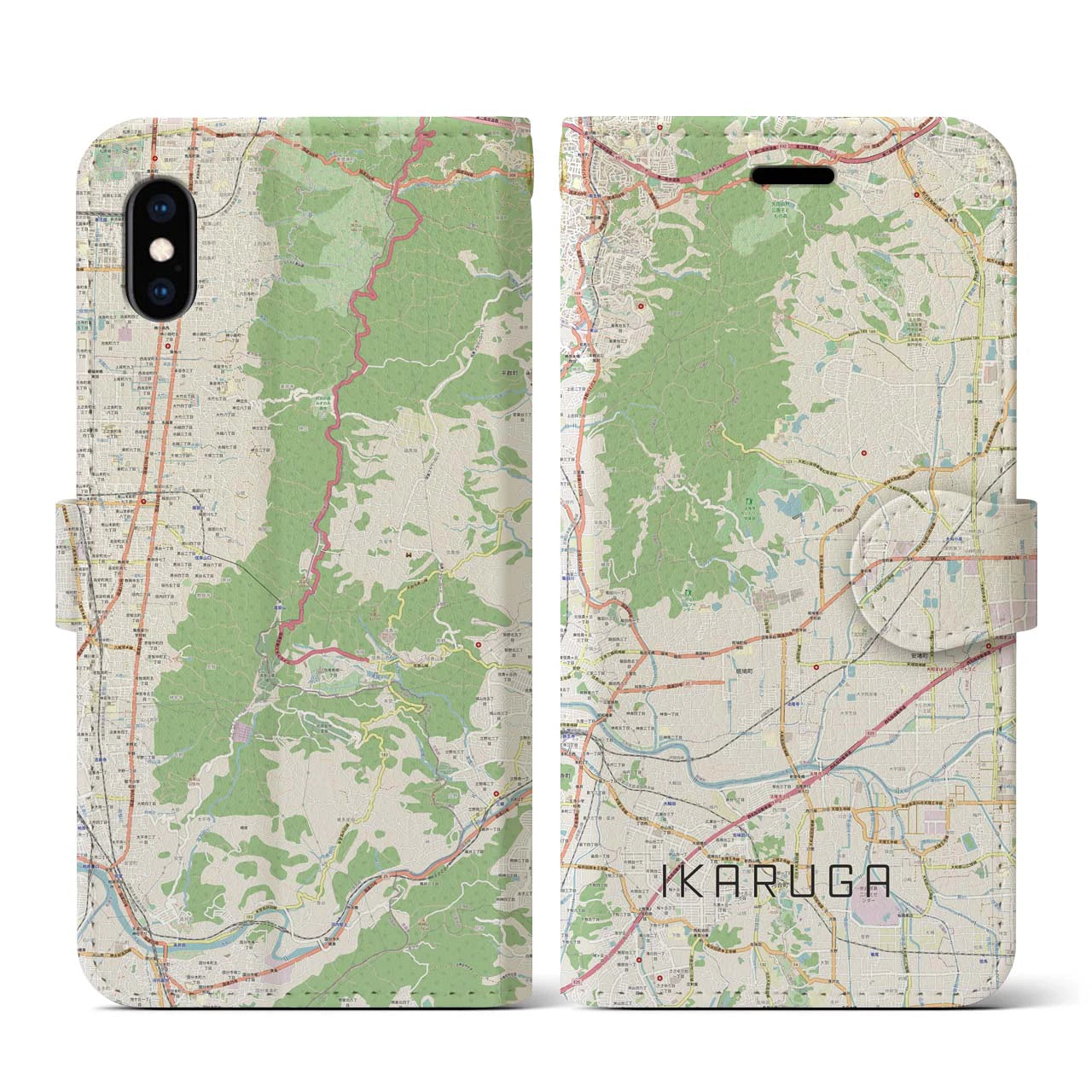 【斑鳩（奈良県）】地図柄iPhoneケース（手帳タイプ）ナチュラル・iPhone XS / X 用