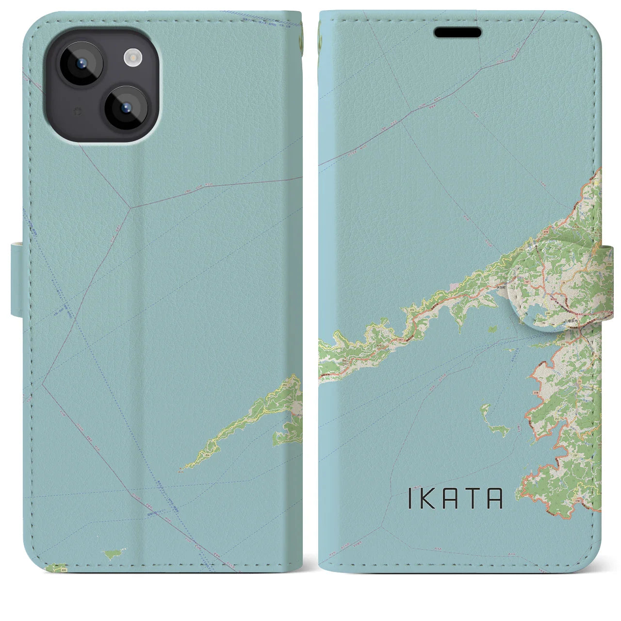 【伊方（愛媛県）】地図柄iPhoneケース（手帳タイプ）ナチュラル・iPhone 14 Plus 用