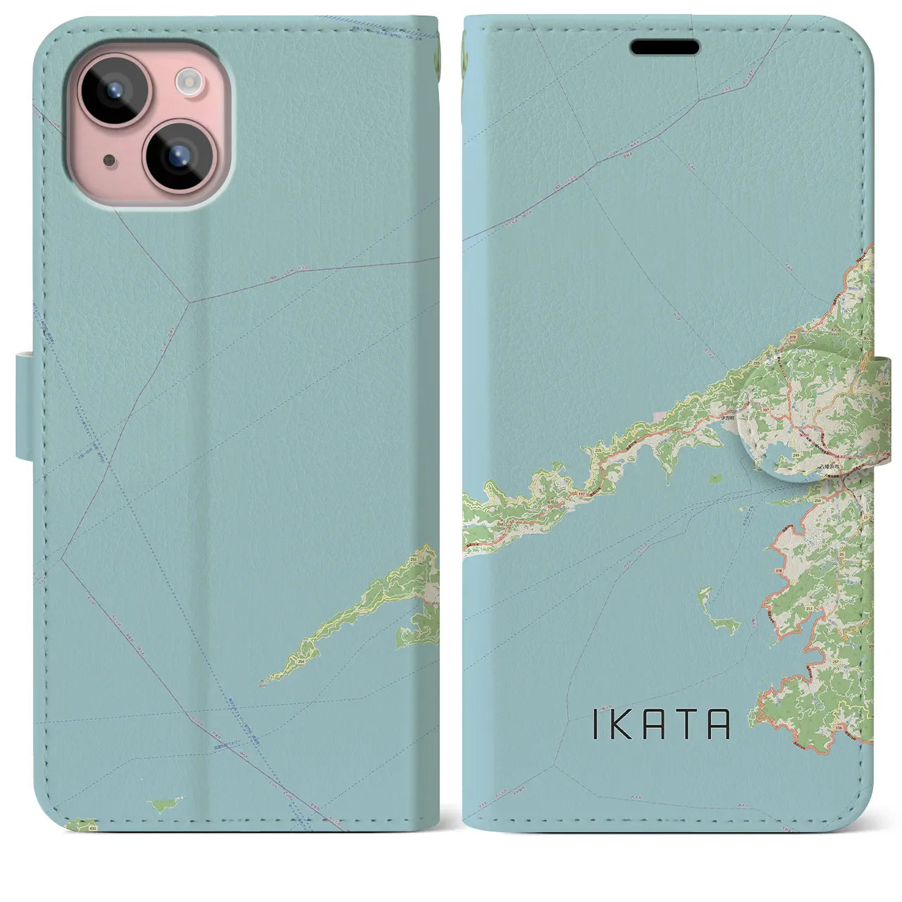 【伊方（愛媛県）】地図柄iPhoneケース（手帳タイプ）ナチュラル・iPhone 15 Plus 用